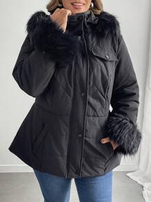 SHEIN LUNE Plus Size Solid Color Fuzzy Patchwork Front Zipper Long Sleeve Casual Padded Padded Coat Clothes Winter