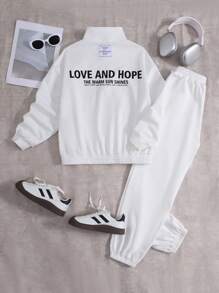 SHEIN 2pcs/Set Tween Girls Loose Casual Letter Printed Hoodie And Sweatpants Set - White - View 1