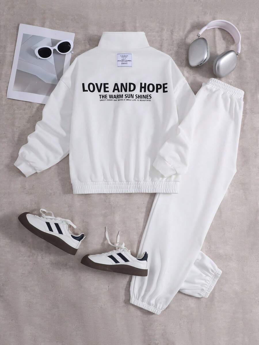 SHEIN 2pcs/Set Tween Girls Loose Casual Letter Printed Hoodie And Sweatpants Set - White - View 1