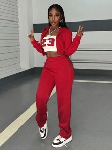 SHEIN 2 件套休闲纯色连帽短款上衣和运动裤套装