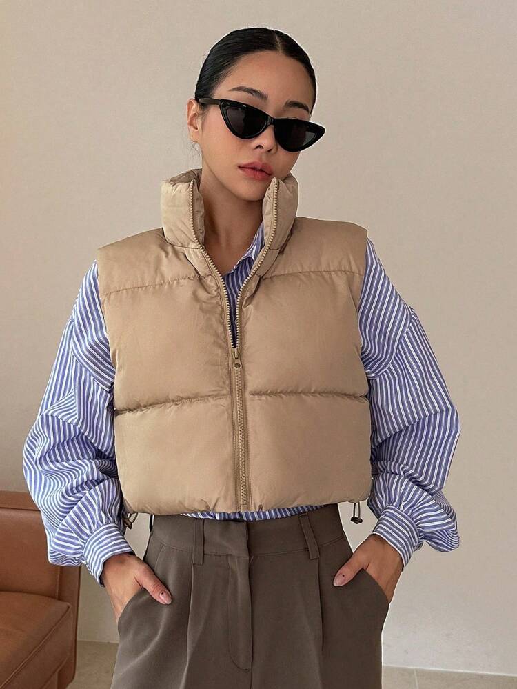 Zip Up Drawstring Hem Vest Padded Thick Coat, Women Winter Coat Jacket Vest