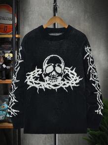 Manfinity Roughcore Áo len nam dài tay cổ tròn in hình đầu lâu - màu đen - Xem 1