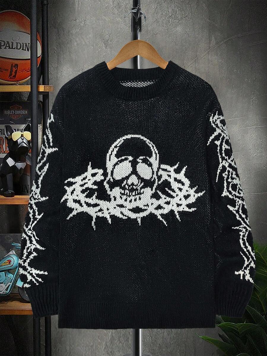 Manfinity Roughcore Áo len nam dài tay cổ tròn in hình đầu lâu - màu đen - Xem 1