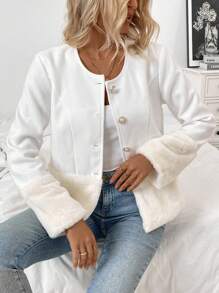 Chiquease Elegante Chaqueta blanca de mezcla de lana con cuello redondo, manga larga, diseño de parches de piel sintética de conejo, botones de perla y cálida para otoño/invierno