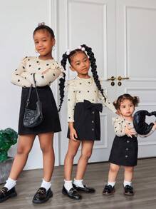 SHEIN Ensemble de 2 pièces en tricot : pull à manches longues avec cœur mignon pour bébé fille et jupe avec décoration de nœud, automne/hiver - Kaki - Voir 9