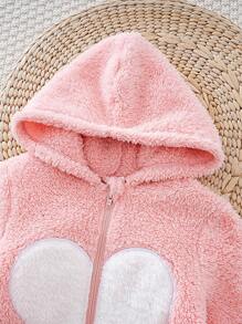 Cozy Pixies Baby Girl Valentine's Day Heart Contrast Color Double-Sided Fleece Hooded Long Sleeve Jumpsuit - Pink - View 8