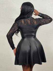 Slaydiva Elegant Black Front Zipper Lace Patchwork PU Fit & Flare Long Sleeve Dress - E - Black - View 2
