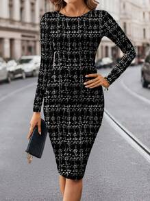 SHEIN Clasi Robe midi pour femmes coupe slim à design minimaliste et simple, convient pour l'automne et l'hiver - Noir et Blanc - Voir 6