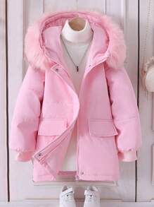 Tween 女童休闲防风中长款夹棉外套，带毛领，粉色 - 粉色 - 查看 1