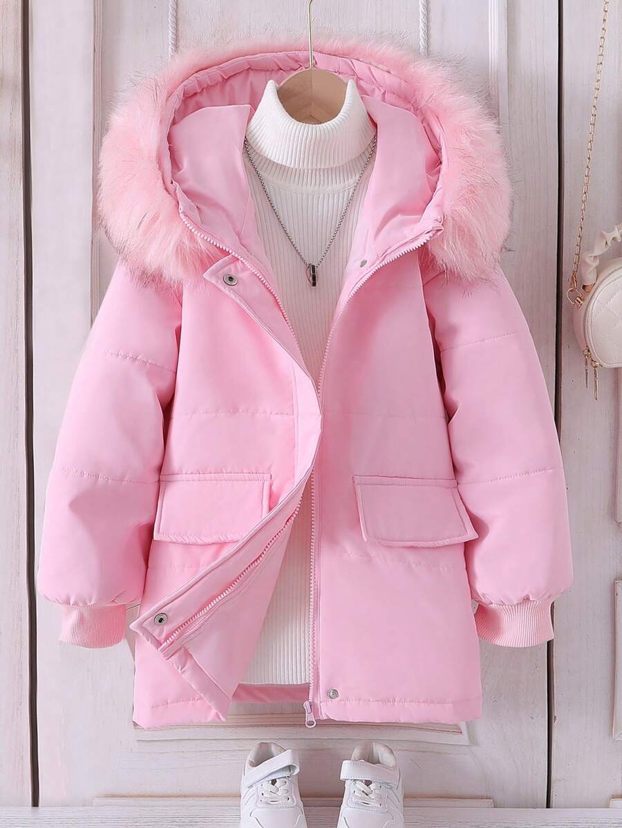 Tween 女童休闲防风中长款夹棉外套，带毛领，粉色 - 粉色 - 查看 1