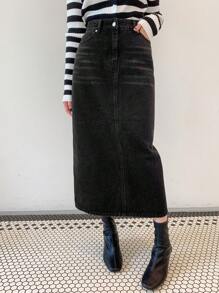 DAZY Chân váy denim dáng ôm màu trơn có túi, cài nút. - màu đen - Xem 4