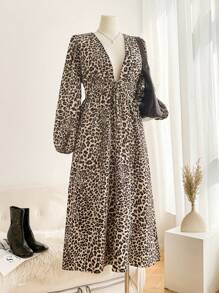 SHEIN Frenchy Plus Size Women Leopard Print Midi Dress, Fashionable Minimalist Style For Autumn - Brown - View 3