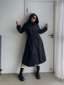 Sunspun Áo khoác dài tay cỡ lớn có mũ trùm đầu phía trước, dây rút ở eo - màu đen - Xem 5