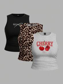 SHEIN EZwear Bộ 3 áo ba lỗ in họa tiết da báo và anh đào đơn giản, cỡ lớn, mùa hè - Nhiều màu - Xem 1