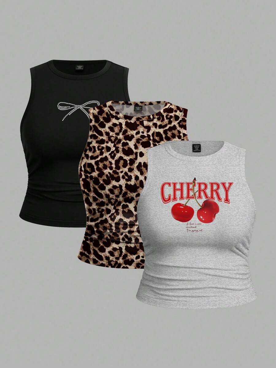 SHEIN EZwear Bộ 3 áo ba lỗ in họa tiết da báo và anh đào đơn giản, cỡ lớn, mùa hè - Nhiều màu - Xem 1