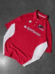 PAVTROS Camisa polo de algodón con bloques de color y estampado de letras para hombres, camisa polo con gráfico de contraste rojo y blanco de estilo urbano y botones, para todas las estaciones, ropa urbana, regalo para novio, para salir - Rojo y blanco - Ver 1