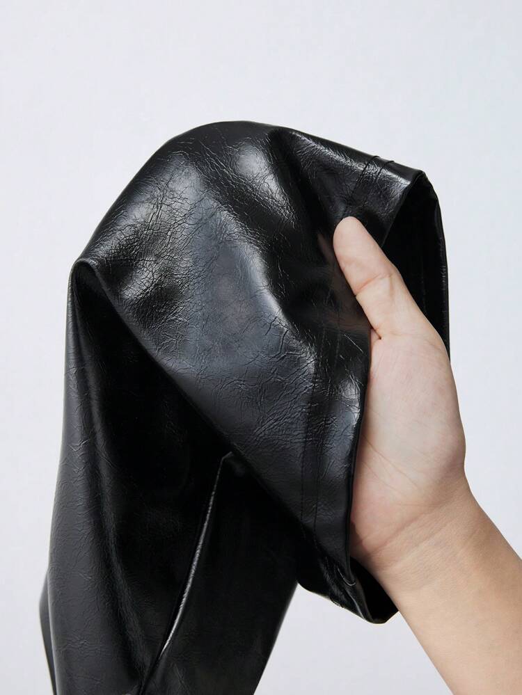 SHEIN Maija Women's Shiny PU Leather High Waisted Elastic Waist Black Pants, For Autumn/Winter