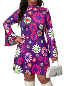 Plus Size Women's Bell Sleeve Printed Casual Knit Dress, Autumn