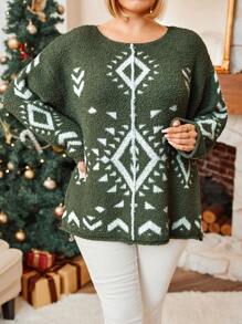 Große Größen Farbblock Geometrisch Weihnachtspullover, für den Winter