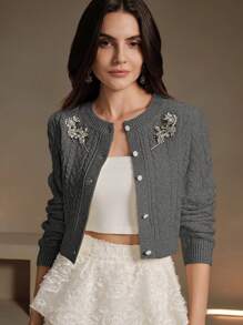 Anewsta Suéter de punto con cuello anudado y abertura delantera elegante para damas
