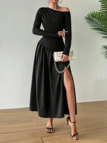 Chiquease Women Elegant Figure-Hugging Flared Asymmetrical Neck Bodycon Dress Fall Cloth For Women - Black - View 6