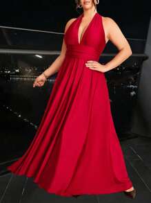 SHEIN Unity 大码女式夏季纯色吊带系带长裙，优雅新年服装长款女装 - 紅色 - 查看 4
