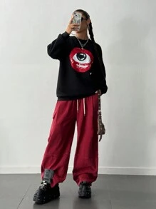 StreetHx Sudadera holgada casual con estampado de ojo para mujer, otoño - Negro - Ver 1