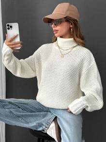 EURMUSE Casual Turtle Neck Balloon Sleeve Cable Knit Detail Plain Solid Sweater - White - View 1