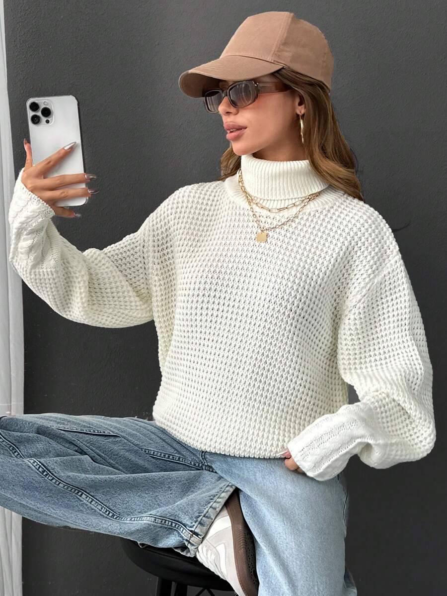 EURMUSE Casual Turtle Neck Balloon Sleeve Cable Knit Detail Plain Solid Sweater - White - View 1