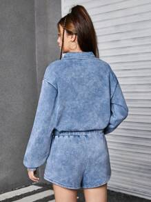 SHEIN Explorewe 2 件套青少年女孩图案印花套头连帽衫运动衫和牛仔短裤休闲街头服饰套装 - 中等水洗藍 - 查看 2