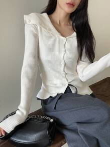 DAZY Solid Color Asymmetric Collar Cardigan For Women,Fall Clothes - Beige - View 9