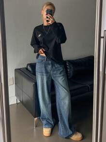 DAZY Women Casual Loose Zip-Up Denim Baggy Jeans