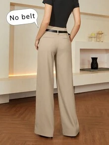 SHEIN Black Friday x Star Picks Women High Waisted Solid Straight Leg Casual Pants, Old Money Style, Business Casual, Spring/Summer - Khaki - View 2
