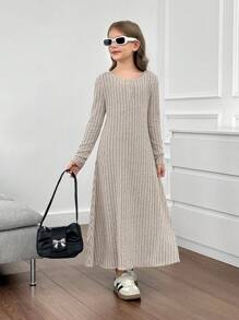 SHEIN Leap Crew Tween Girls Fitted Casual Crew Neck Button Front Long Sleeve Minimalist Waist A-Line Dress - Apricot - View 6