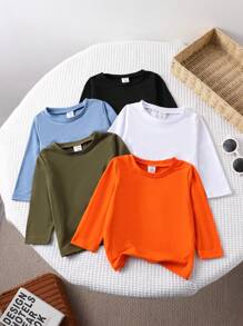 SHEIN 5 件装男婴圆领长袖 T 恤，多种颜色，适合日常穿着和各种场合，四季皆宜 - 彩色 - 查看 1