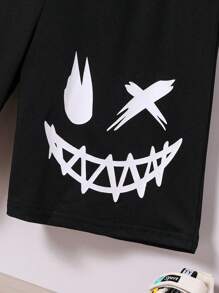 SHEIN 2 件装 Tween Boy 夏季休闲扎染笑脸印花拼布连帽衫和短裤套装 - 彩色 - 查看 6