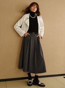 MOTF STUDIO SOLID SLANT POCKET FOLD PLEATED BELTED LONG SKIRT - Grey - View 5