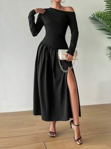 Chiquease Women Elegant Figure-Hugging Flared Asymmetrical Neck Bodycon Dress Fall Cloth For Women - Black - View 7
