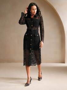 Anewsta Women's Spring/Autumn Long Sleeve Elegant French Lace Waist Slim Dress