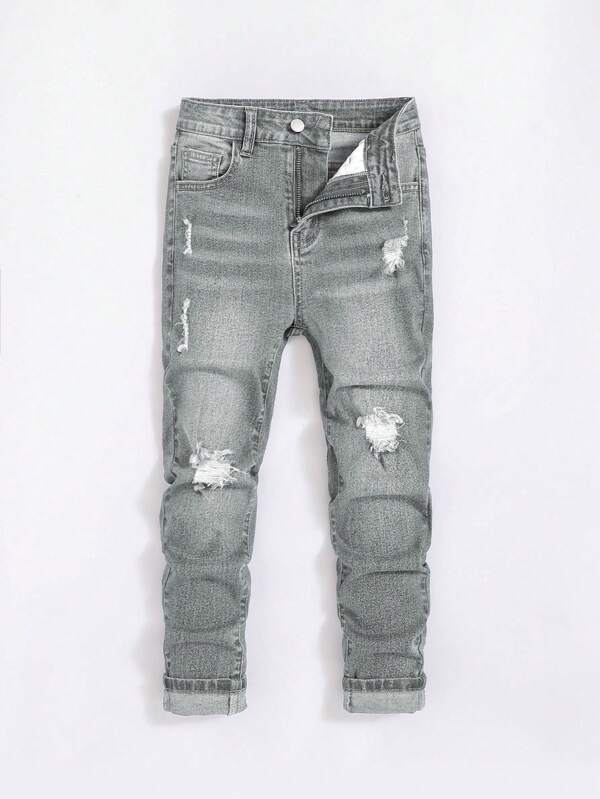 SHEIN Tween Boys' Ripped Casual Denim Jeans