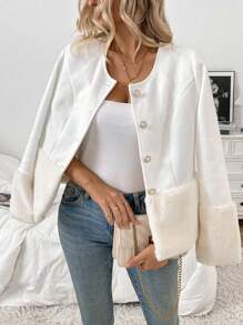 Chiquease Elegante Chaqueta blanca de mezcla de lana con cuello redondo, manga larga, diseño de parches de piel sintética de conejo, botones de perla y cálida para otoño/invierno
