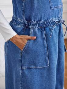 SHEIN Maternity Sleeveless Loose Casual Denim Jumper Dress With Pockets, Summer - Medium Wash - View 6