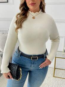 SHEIN Unity Plus Size Solid Color Lettuce Trim Long Sleeve Simple Casual Thermal Top Knit Pullover Fall Winter - Beige - View 3