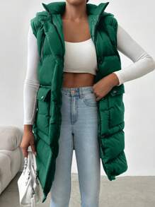 EURMUSE Women's Solid Color Front Zipper Sleeveless Casual Padded Coat - Green - View 1
