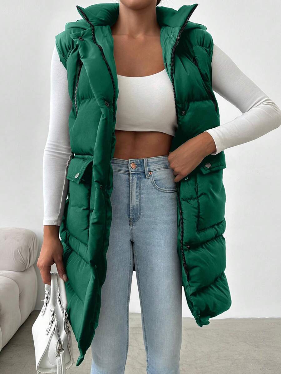 EURMUSE Women's Solid Color Front Zipper Sleeveless Casual Padded Coat - Green - View 1