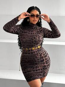 Maweii فستان ضيق بطبعة تمساح للمرأة ذات الحجم الكبير بظهر مفتوح - بني - مشاهدة 4