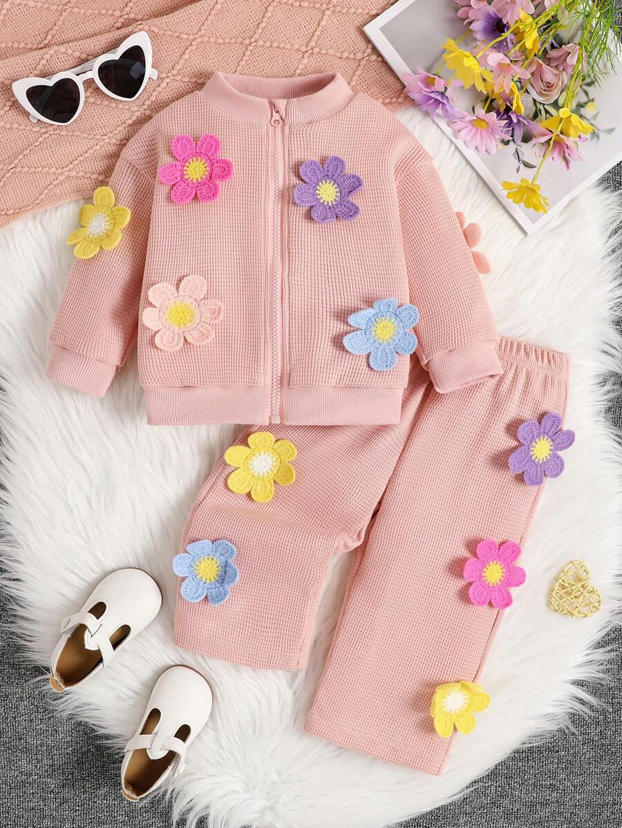 SHEIN 2 件装女婴舒适彩色 3D 花朵上衣和裤子套装 - 粉色 - 查看 1