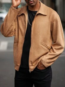Manfinity Homme 男式纯色前拉链口袋休闲轻便长袖上衣 - 咖啡棕 - 查看 1