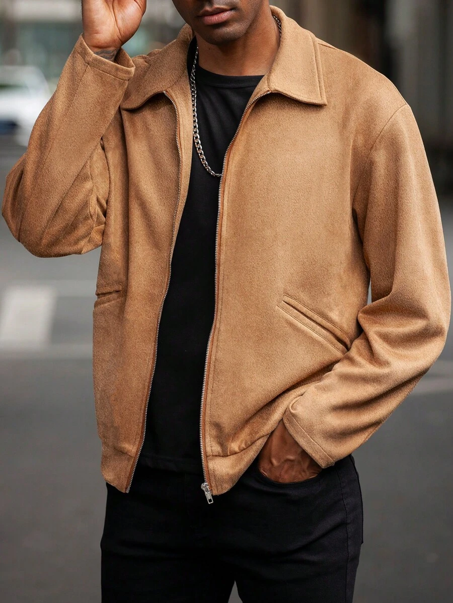 Manfinity Homme 男式纯色前拉链口袋休闲轻便长袖上衣 - 咖啡棕 - 查看 1