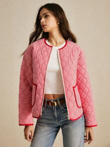 Poéselle Loose Fit Pocket Winter Coat, Striped Printed Contrast Binding, Versatile And Casual